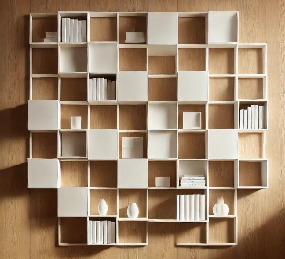 DALL·E 2025-02-21 13.42.12 - A modern wall-mounted bookshelf with a clean and minimalist geometric design, composed of white square and rectangular shelves interconnected in a str